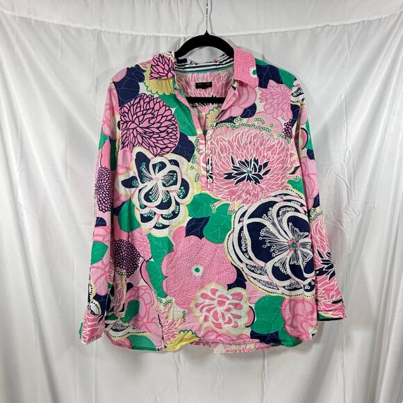 Talbots Women’s Size LP Long Sleeve V-Neck Floral Clip Dot Popover Blouse - Picture 2 of 6